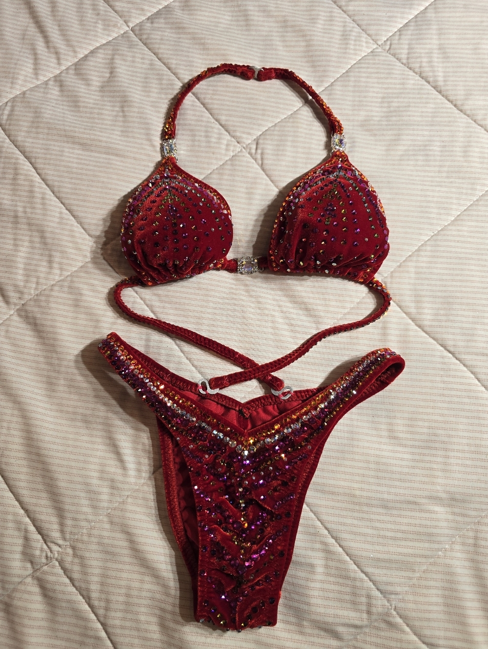 Fully Bedazzled Red Velvet Competition Bikini For Bodybuilding Fitness
